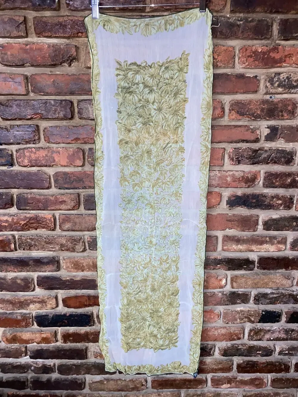 Cravenette Vintage 100% Silk Water Repellent White Green Floral Rectangle Scarf